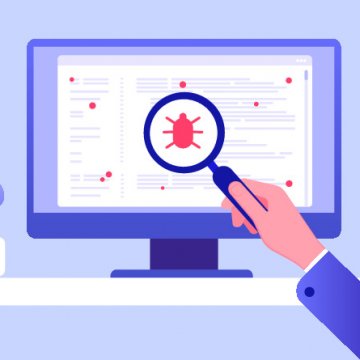 Advanced System Repair Pro system optimizers hand with magnifying glass over computer monitor with computer error bug on display
